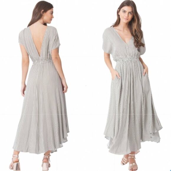 Hale Bob XSmall XS Gadi Twill Striped Midi Dress Taupe White Slit Front Tie Back - Picture 11 of 11